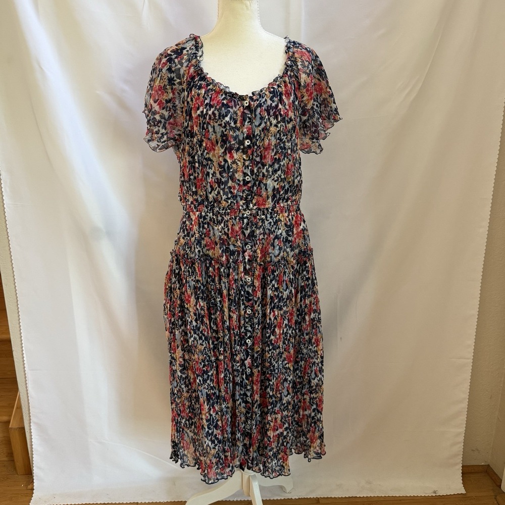 Sundance Clarisse Floral Print Crinkle Midi Dress Bohemian Summer Cottagecore L